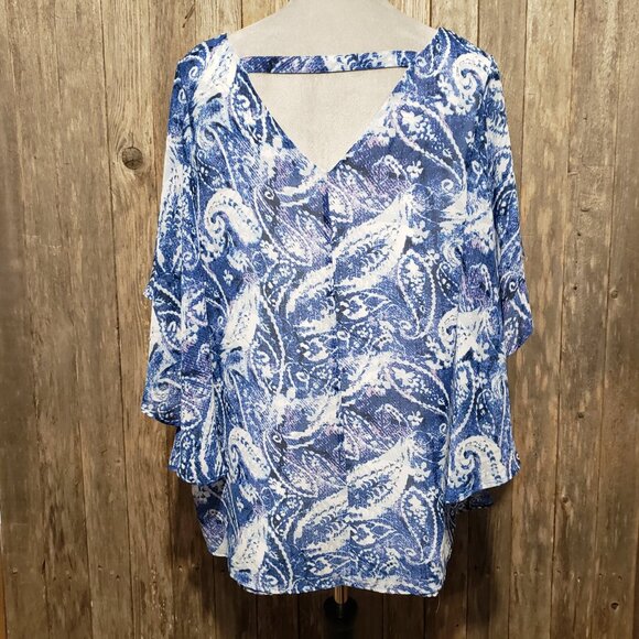 NY Collection 1X Top Blouse Blue White Paisley Flutter Short Sleeve Open Back - Picture 4 of 6